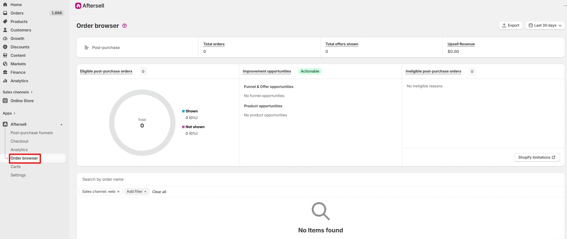 Aftersell Order Browser showing zero eligible post-purchase orders and no items found
