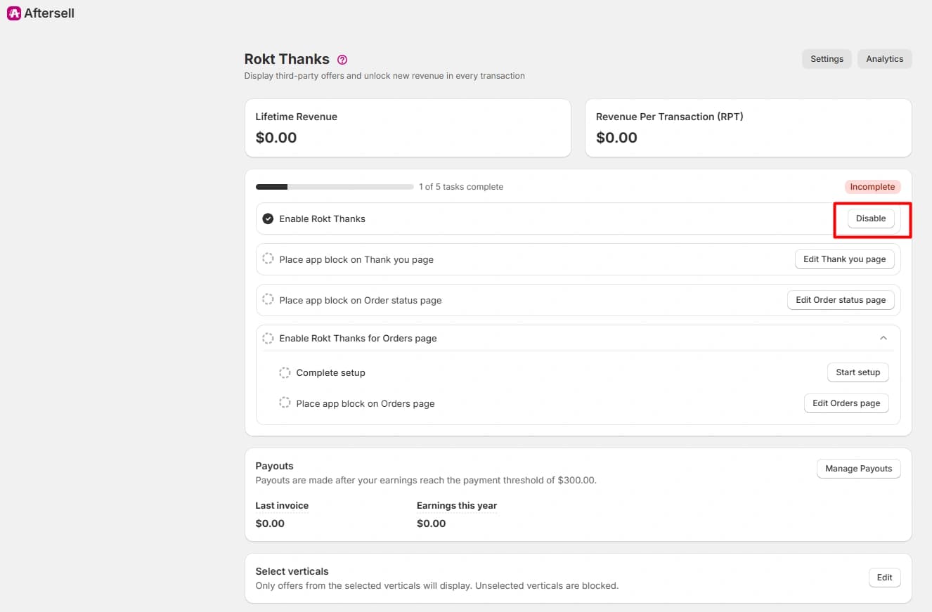 Rokt Thanks setup checklist showing Thank You, Order Status, and Orders page tasks