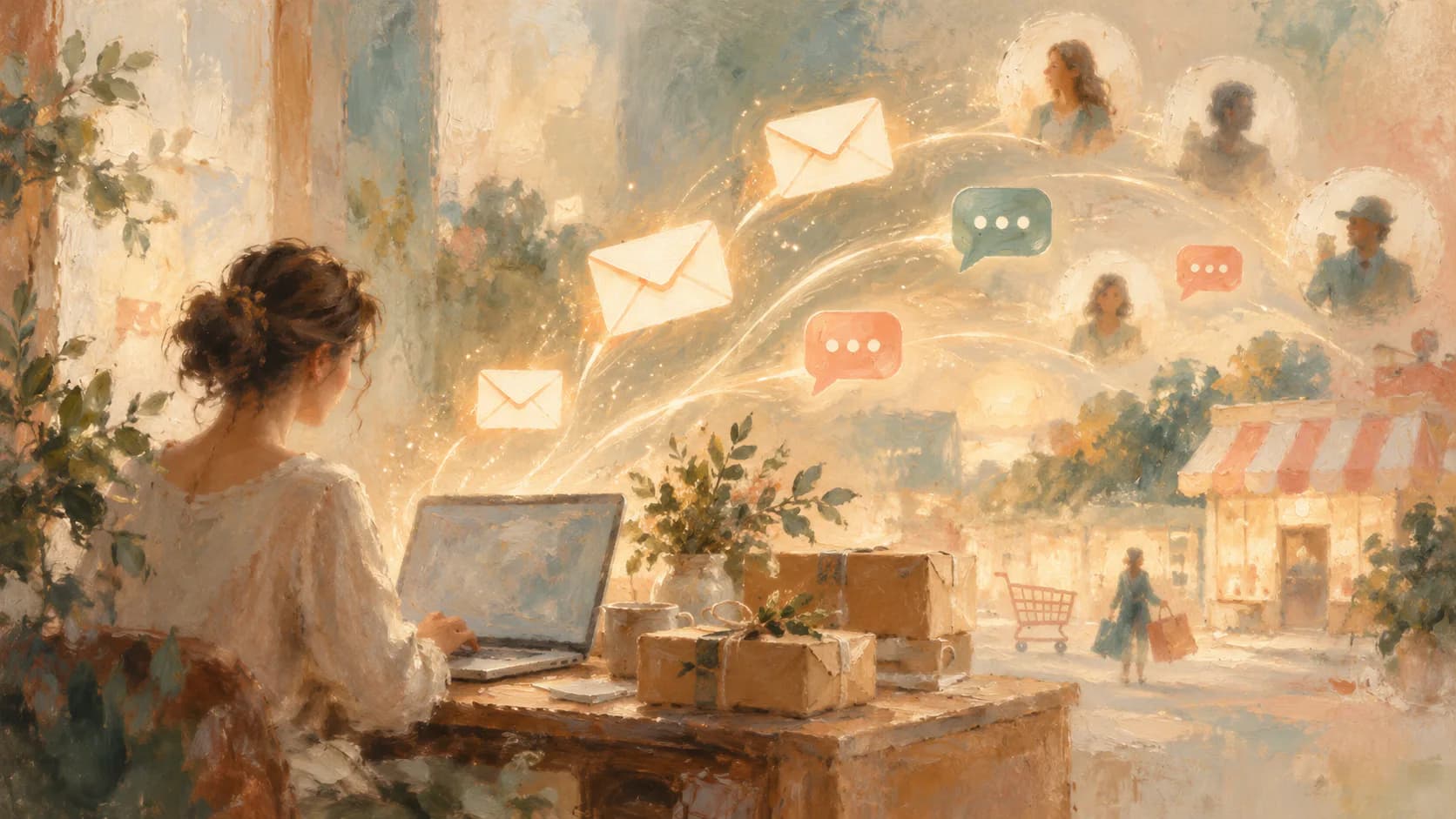 A soft impressionist painting of a shop owner at a laptop as envelopes and chat bubbles drift toward customers and a small storefront.