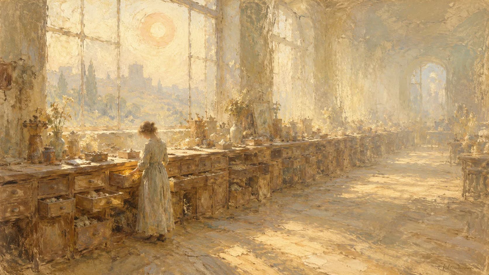 A hazy painterly figure at one open drawer of an immensely long workbench lined with many drawers, the rest of the sunlit hall receding into warm haze beneath a soft amber ring-shaped emblem in the window light