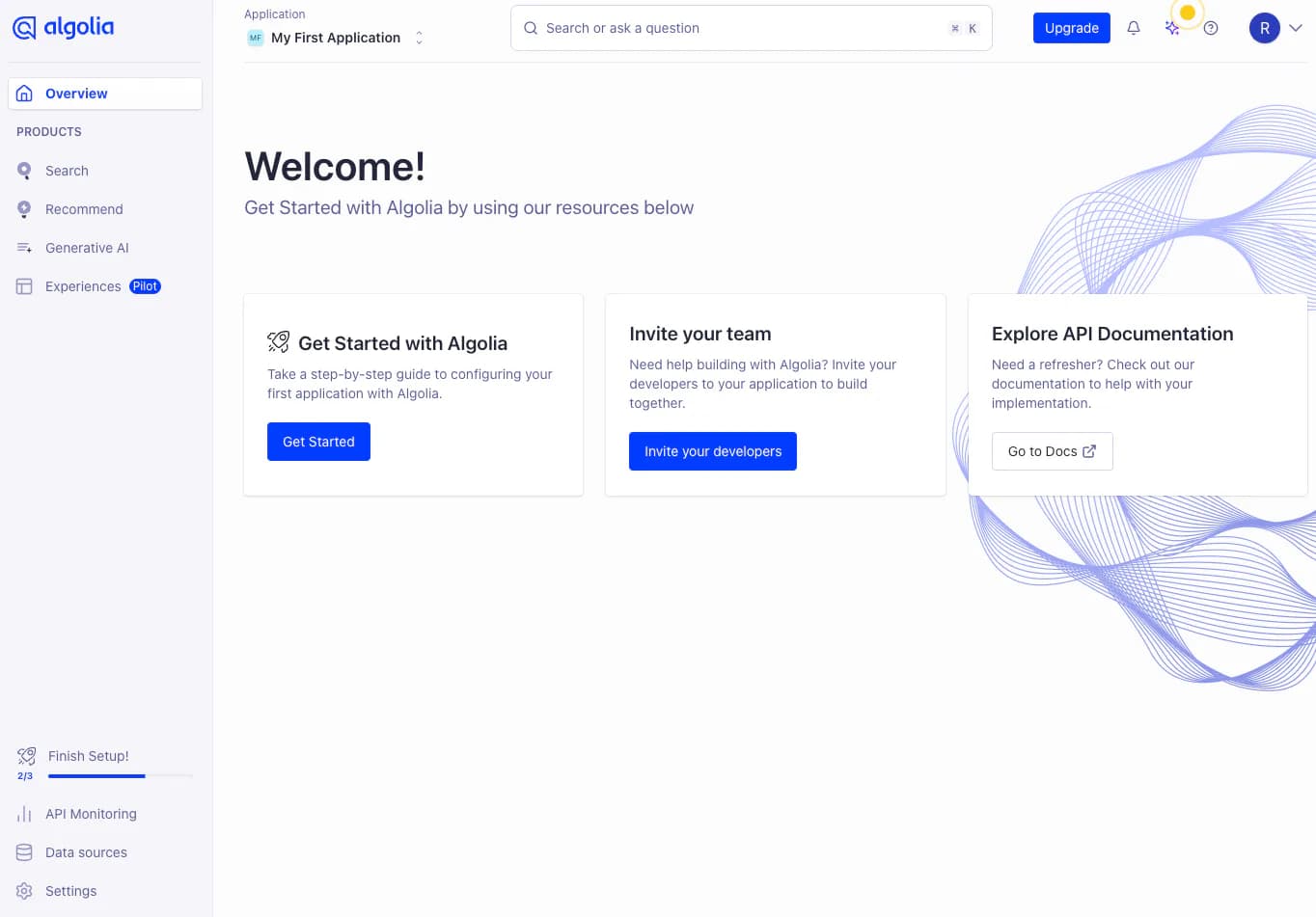 Algolia dashboard Welcome page with Search, Recommend, Generative AI and Experiences (Pilot) in the side menu, Get Started, Invite your team and Explore API Documentation cards, and a Finish Setup progress bar at 2 of 3