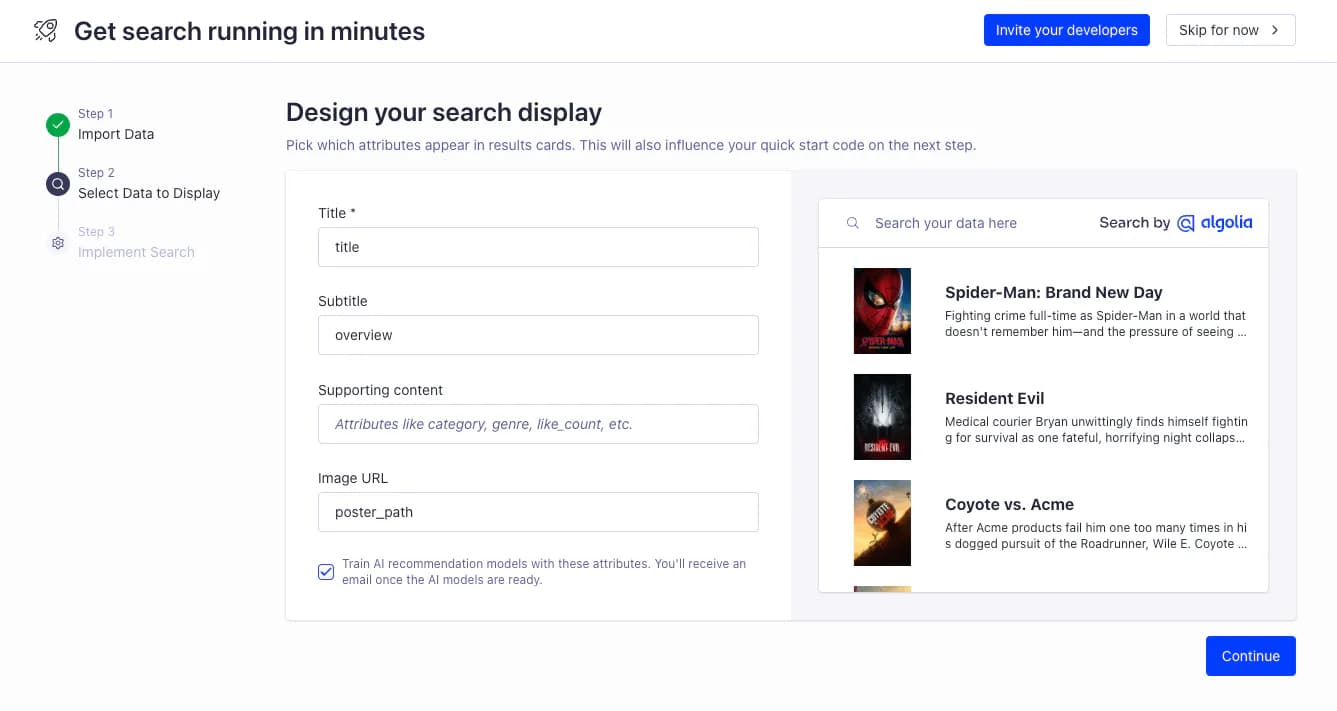 Algolia's Get search running in minutes onboarding at Step 2, Select Data to Display, with Title, Subtitle, Supporting content and Image URL fields on the left, a live preview of movie search results on the right, and a checkbox to train AI recommendation models