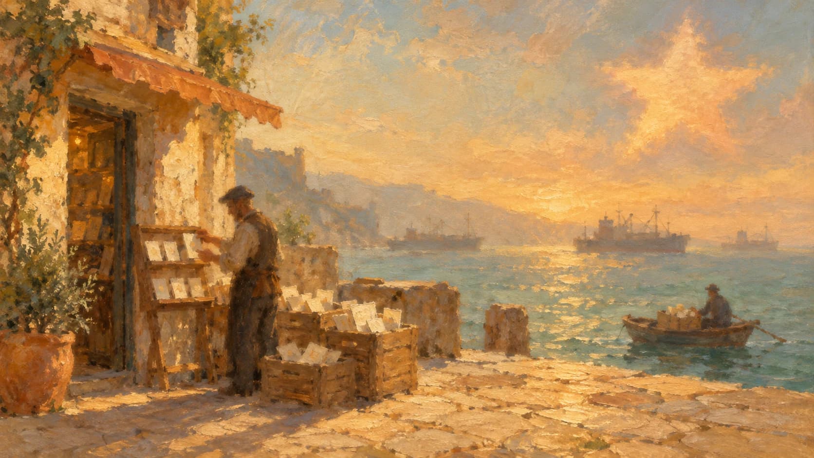 A painted merchant on a sunlit harbour quay setting pale cards on a small shop rack beside crates of waiting cards, as a rowboat brings another crate from distant ships beneath a soft apricot star-shaped cloud