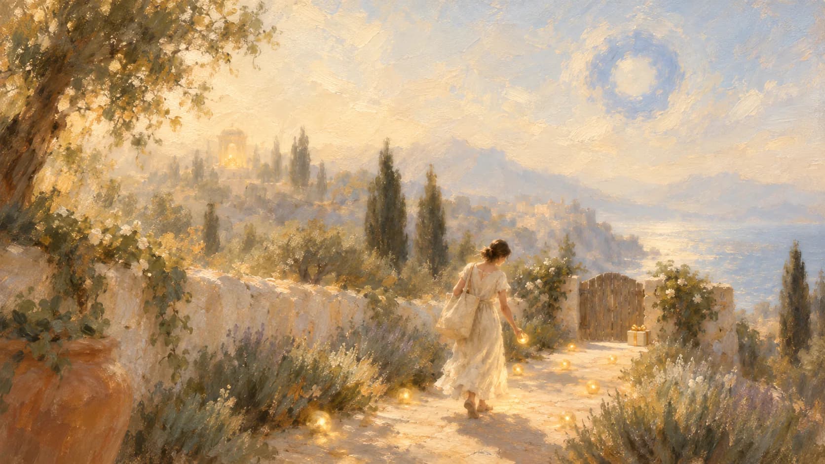 A painterly shopper collecting small tokens along a long path toward a modest reward beneath a soft blue ring-shaped sky emblem