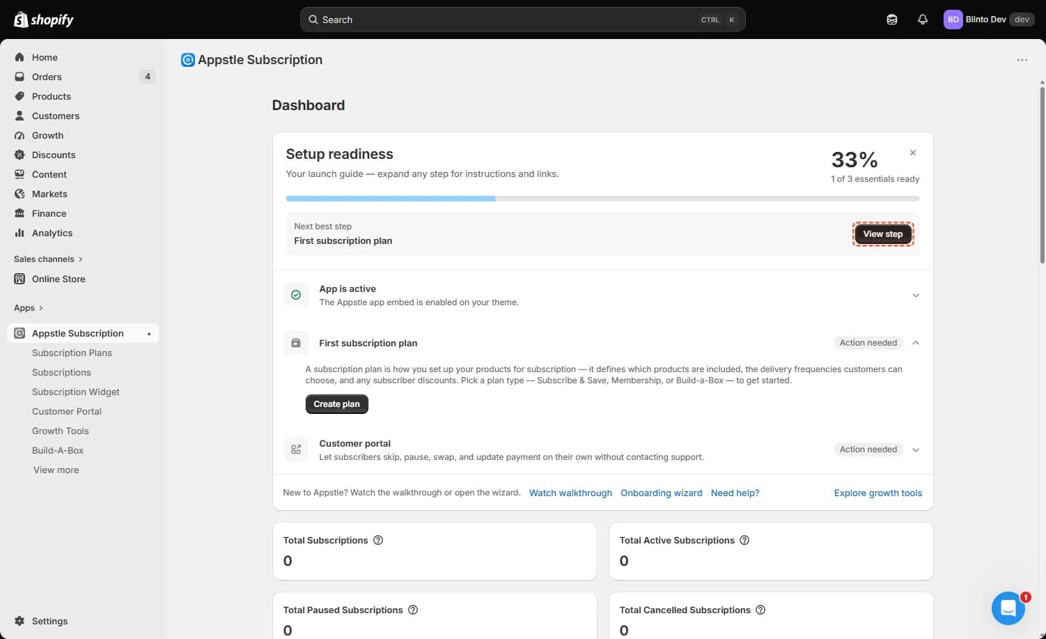 Appstle dashboard showing setup readiness, subscription totals, and buyer portal configuration