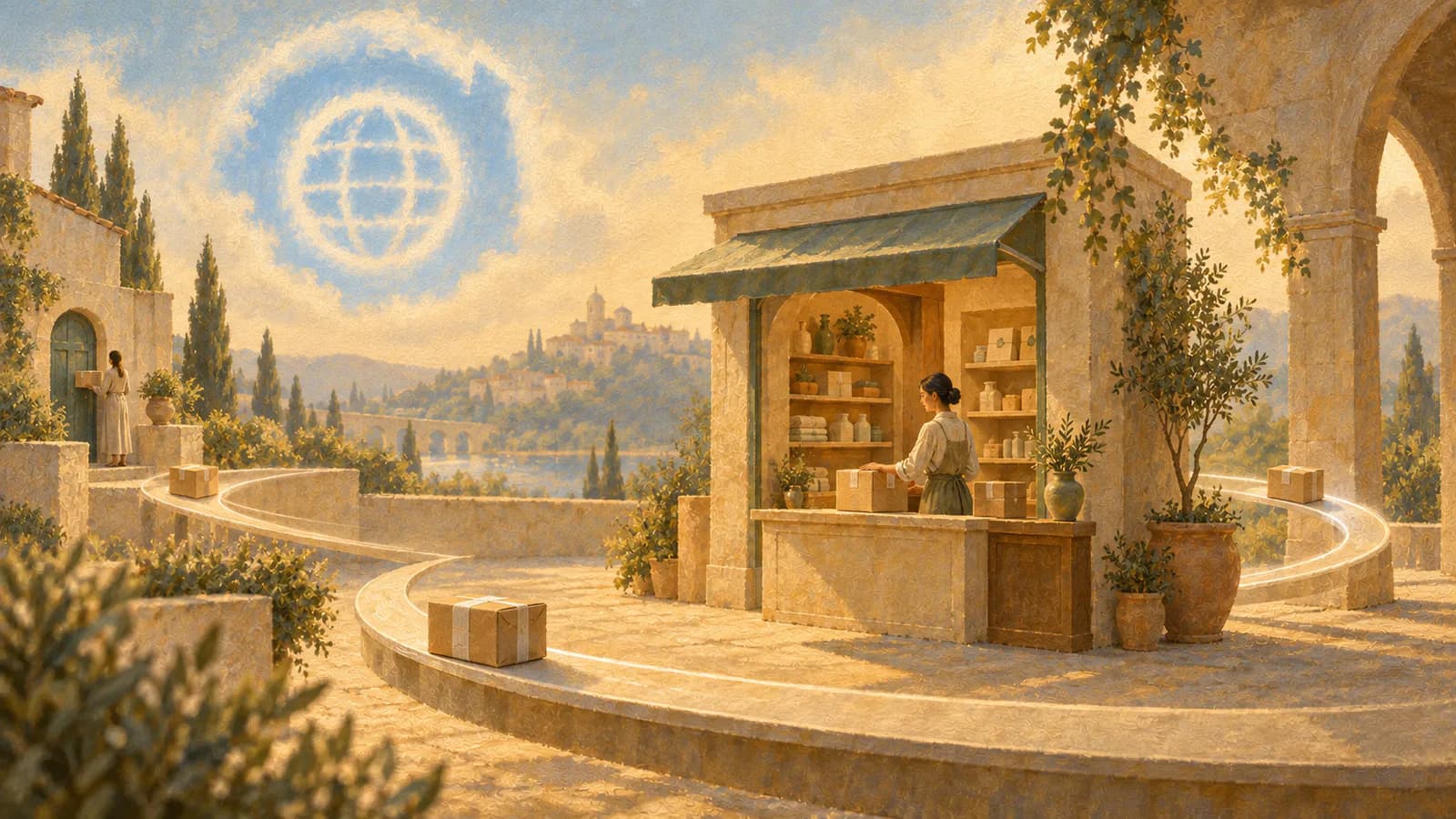 A merchant preparing recurring orders along a looping route beneath an Appstle-inspired sky emblem
