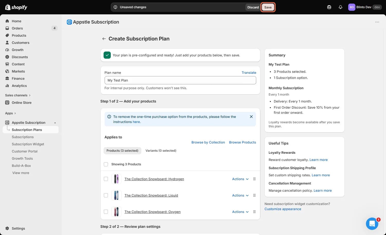 Appstle plan review showing three products, monthly delivery, and a 10 percent first-order discount