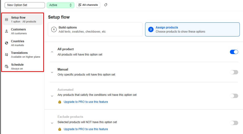 Aris Product Options Assign products step with All product switched on, Manual off, and Automated and Exclude products locked to PRO, beside the option set menu showing 1 option and All products