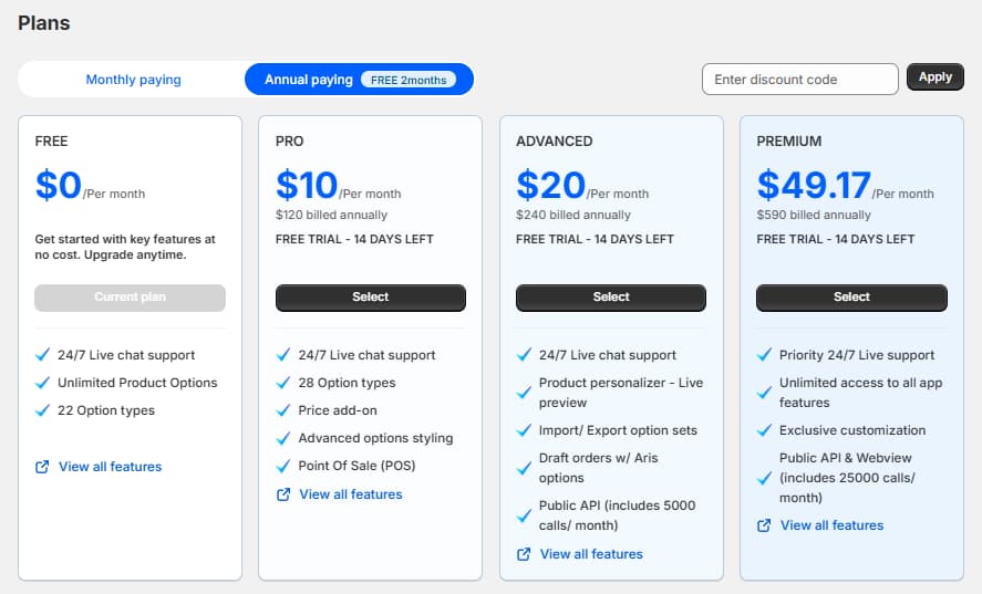 Aris Product Options plans page on annual billing: Free at $0, PRO at $10 per month, Advanced at $20 per month, and Premium at $49.17 per month, with a 14-day free trial on paid plans