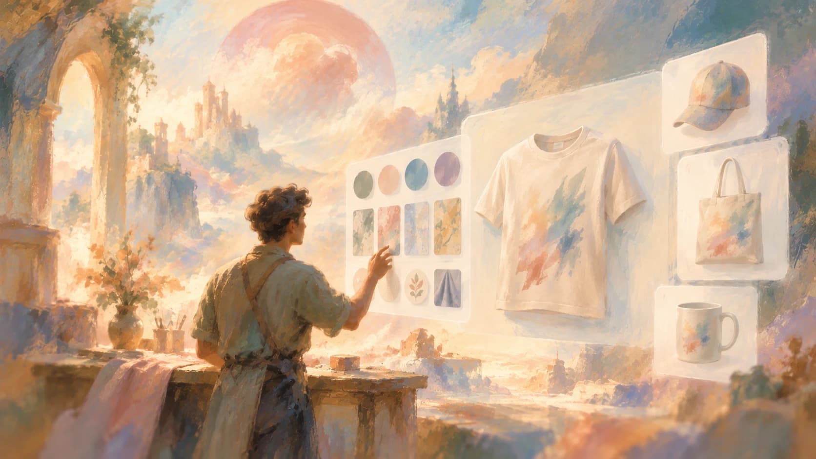 An impressionist painting of a craftsman in an apron reaching toward floating panels of color and pattern swatches beside a cream T-shirt, with a cap, tote bag, and mug in side panels and a hazy castle and pink moon in the sky.