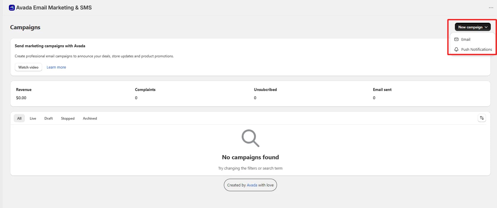 AVADA email campaign area