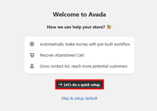 AVADA welcome screen with the quick setup option