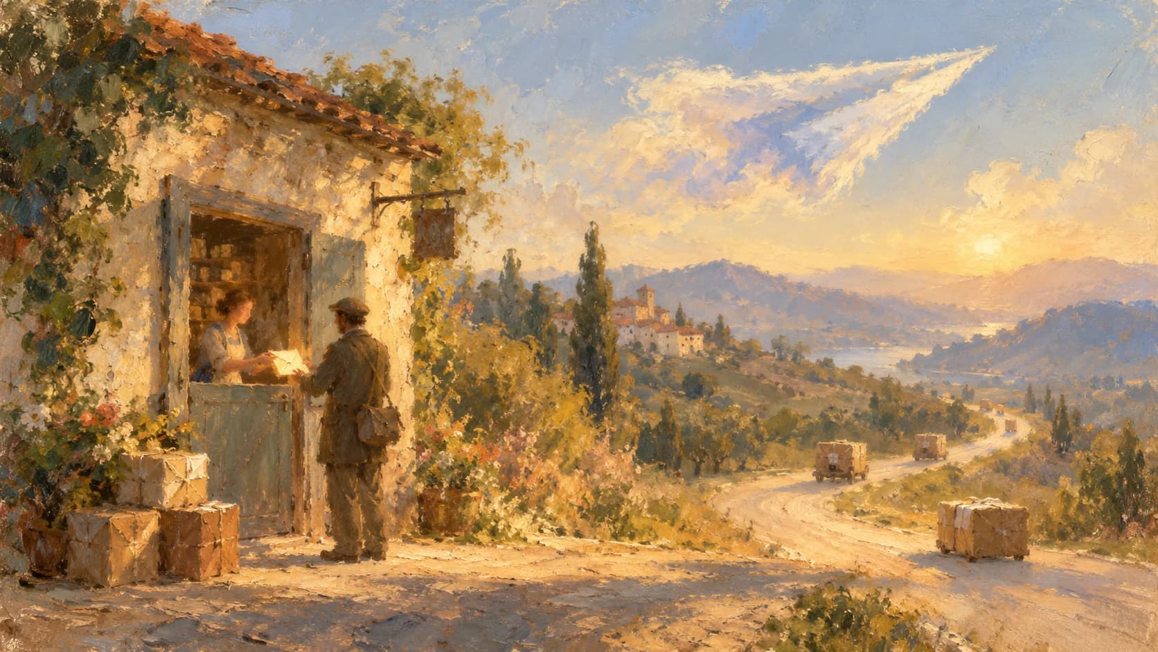 Oil painting of a shopkeeper handing a customer a parcel slip at a village post office, with parcels travelling along a winding road under a paper-plane-shaped cloud