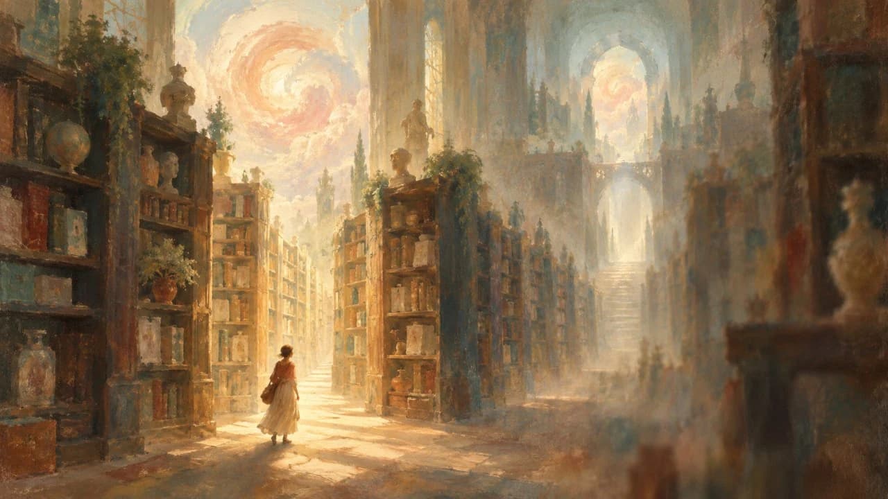 A soft vintage oil painting of a shopper walking down a sunlit aisle in a vast library of shelves, with a pale coral swirl in the clouds above.