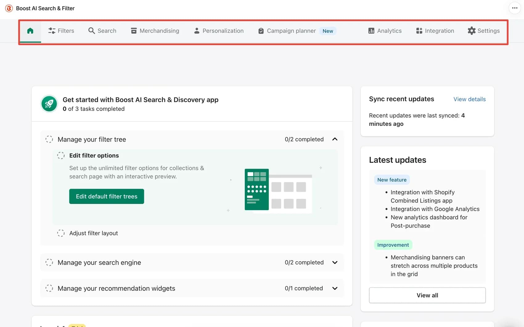 Boost AI Search & Filter dashboard showing the main navigation tabs and the get-started checklist