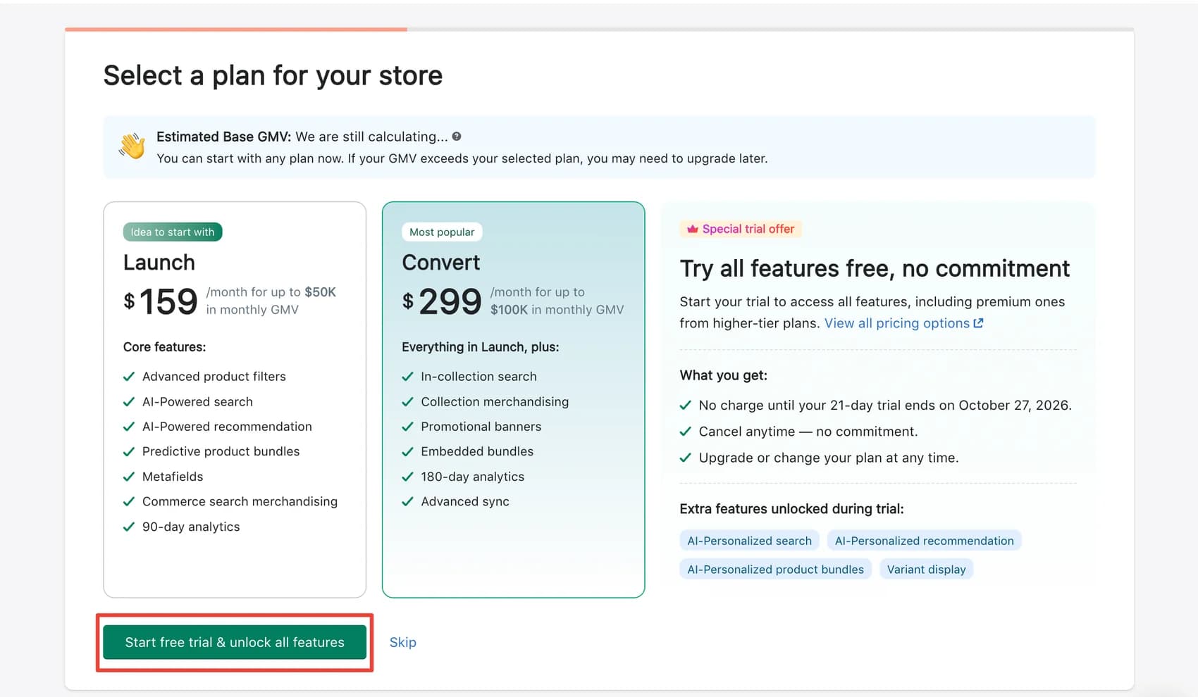 Boost plan selection screen showing Launch at $159 and Convert at $299 per month, with the 21-day trial offer
