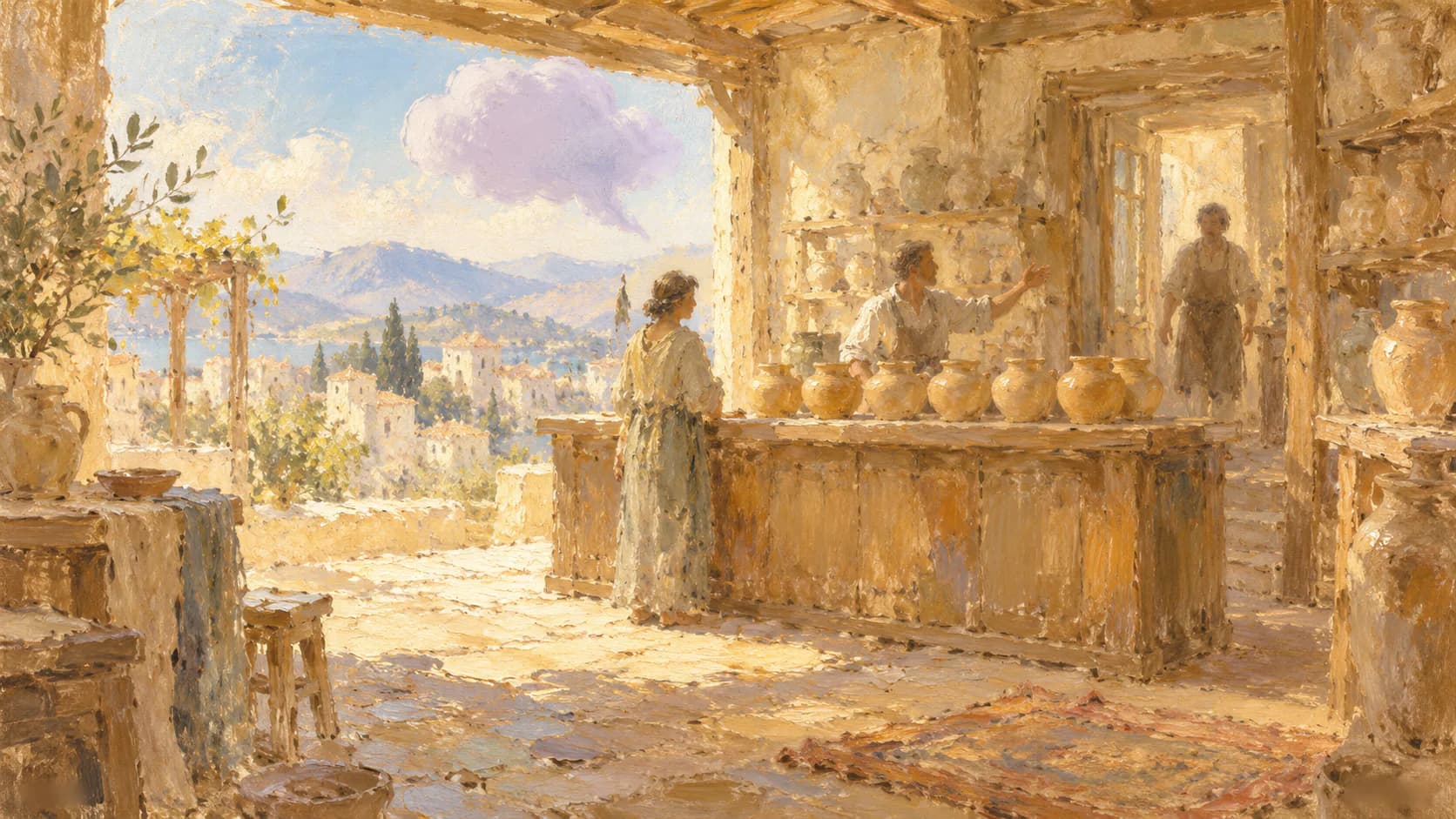 A hazy painterly village pottery shop where a shopkeeper behind a counter of clay jars beckons a colleague from the back doorway while a customer waits, beneath a soft lavender cloud over a sunlit hillside town
