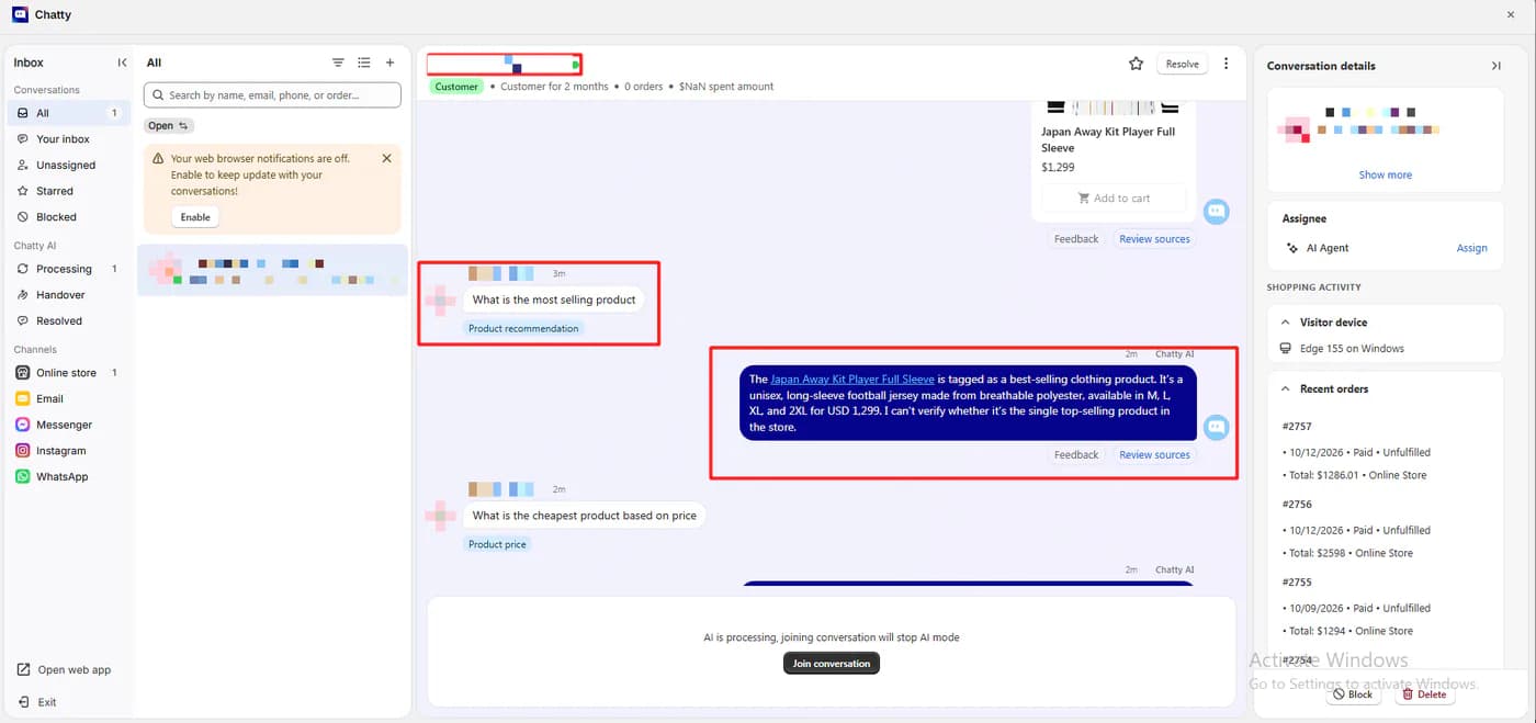 Chatty inbox conversation header showing customer for two months, zero orders and NaN spent amount, while the conversation details panel lists three recent paid orders