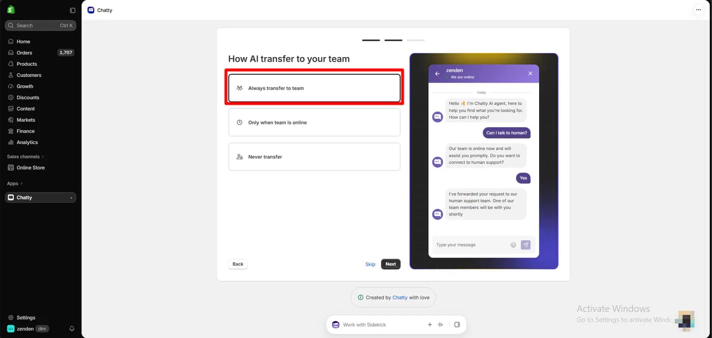 Chatty onboarding screen asking how the AI should transfer chats to the team, with always transfer to team selected and a live chat preview showing a shopper being handed to human support