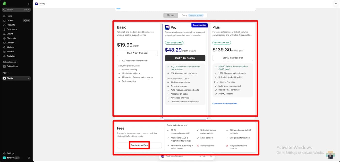 Chatty in-app plan screen showing Basic at 19.99 dollars, Pro at 48.29 dollars and Plus at 139.30 dollars per month with lifetime discounts, and a Free plan with 50 AI conversations a month