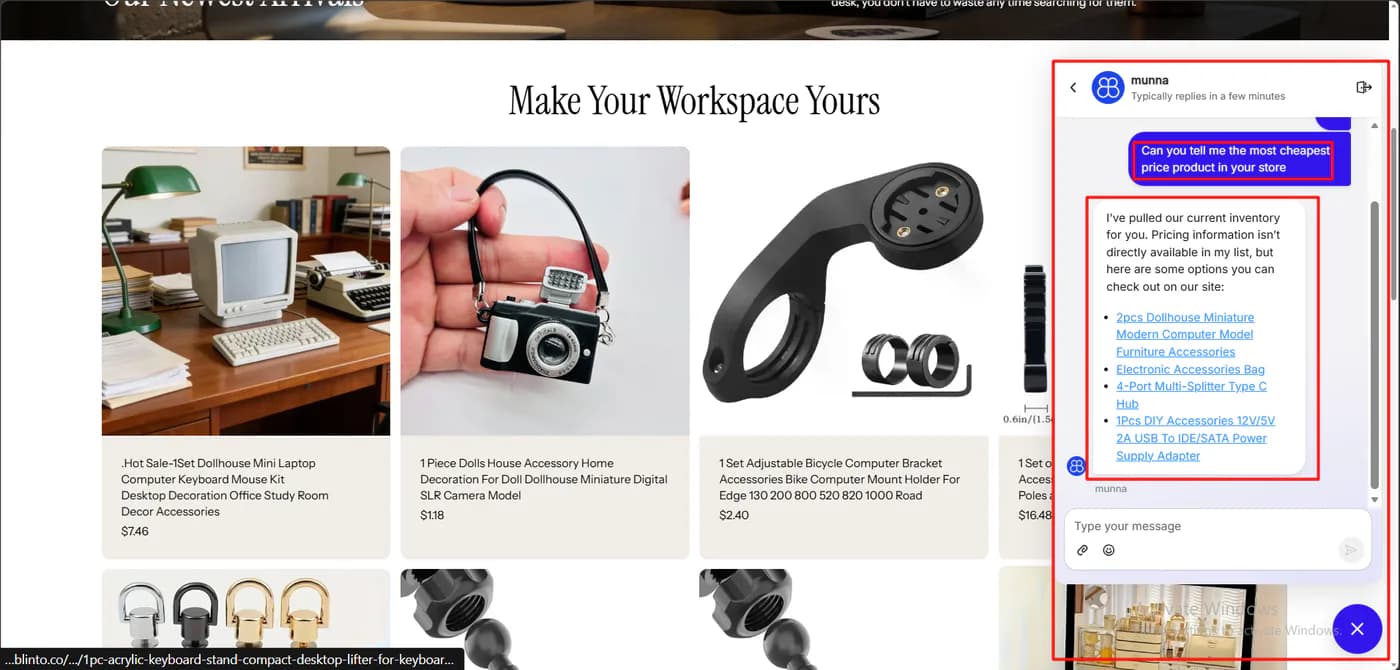 Nestly storefront with a product grid showing a 1.18 dollar camera model, and the Commslayer chat replying that pricing information is not directly available and listing four product links without prices