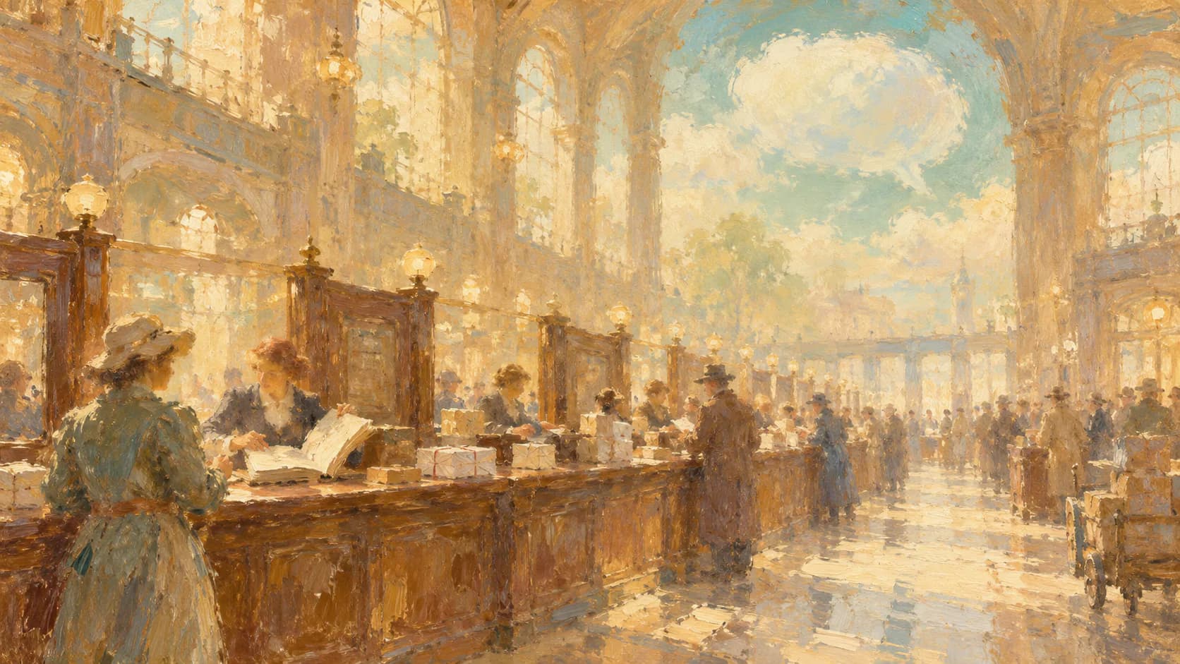 A hazy painterly post office hall with a long counter of service windows and parcels, where a clerk leafs through an open ledger while a customer in a hat waits, beneath a soft speech-bubble-shaped cloud in a pale teal sky