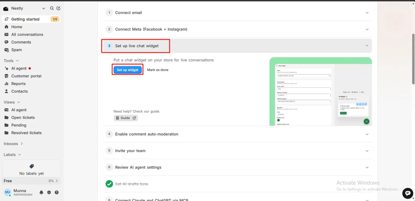 Commslayer getting started checklist at one of nine steps, with connect email, connect Meta, set up live chat widget, comment auto-moderation, invite your team, AI agent settings, AI drafts tone, Claude and ChatGPT via MCP, and customer portal