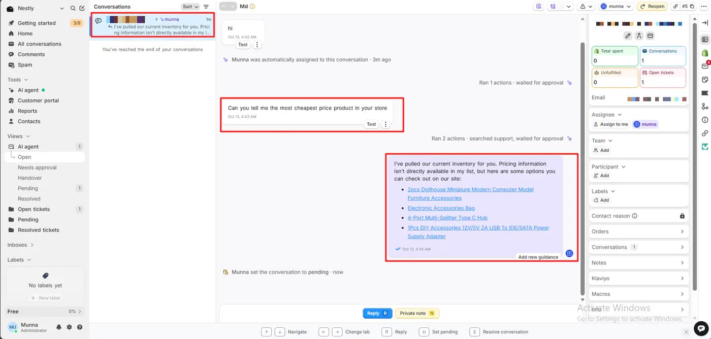 Commslayer inbox showing the shopper's question, the log line ran two actions, searched support, waited for approval, and the AI reply listing four products without prices