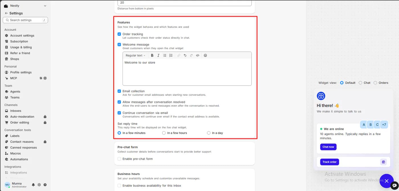 Commslayer chat widget features with order tracking, welcome message, email collection, messages after resolution and continue via email switched on, and a preview with chat now and track order buttons
