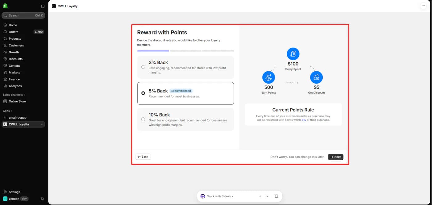 CWILL Loyalty onboarding asking the merchant to choose a reward rate, with three percent, five percent and ten percent back options and five percent recommended and selected