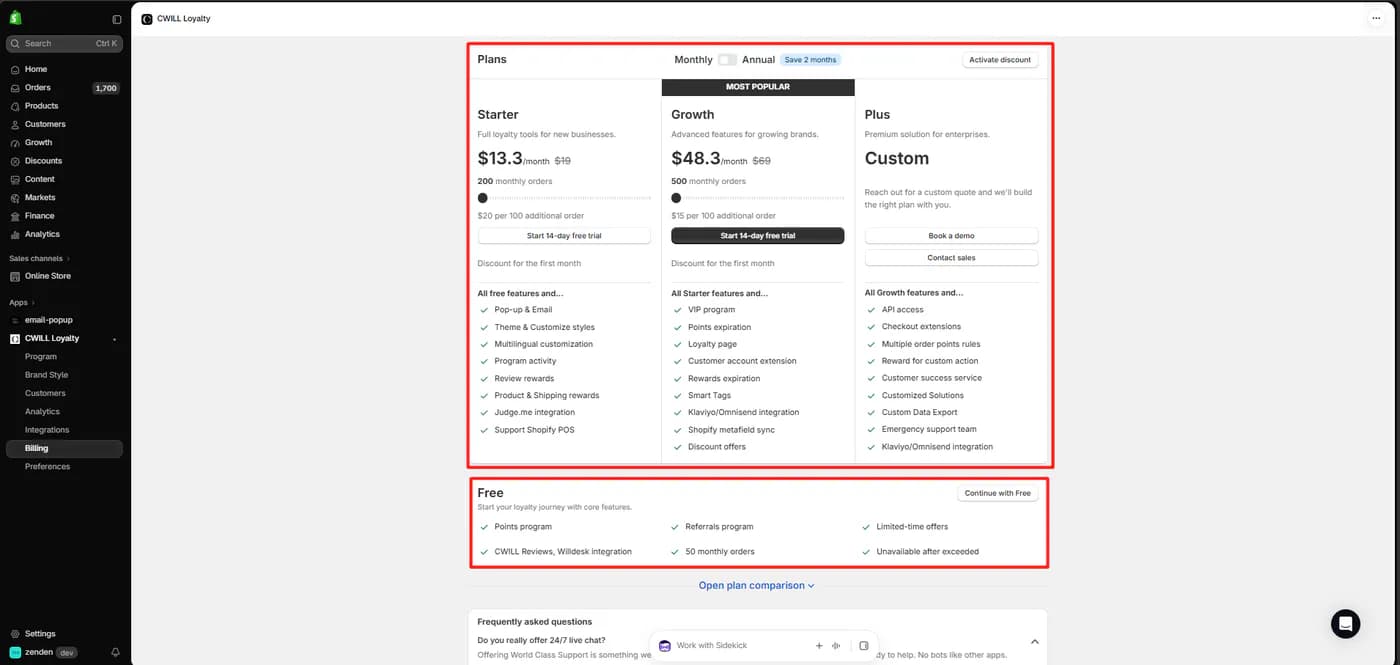 CWILL Loyalty billing screen showing Starter at 13.30 discounted from 19 dollars, Growth at 48.30 from 69 dollars, a custom Plus plan, and a free plan with 50 monthly orders marked unavailable after exceeded