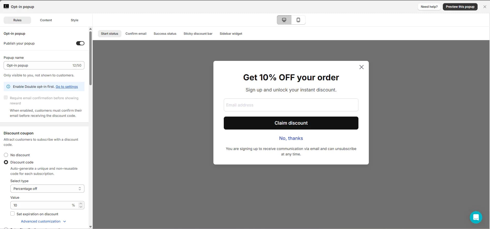 CWILL opt-in popup editor with Rules, Content and Style tabs, a double opt-in notice, discount code settings set to 10% off, and a live preview of a Get 10% OFF your order popup