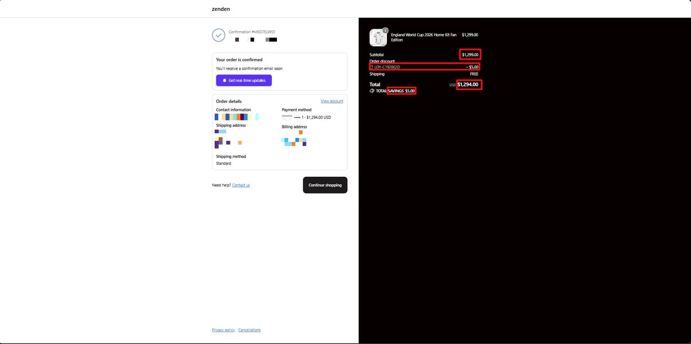 Shopify order confirmation showing the Essent Loyalty discount code applied as a five dollar order discount, reducing a 1,299 dollar order to 1,294 dollars