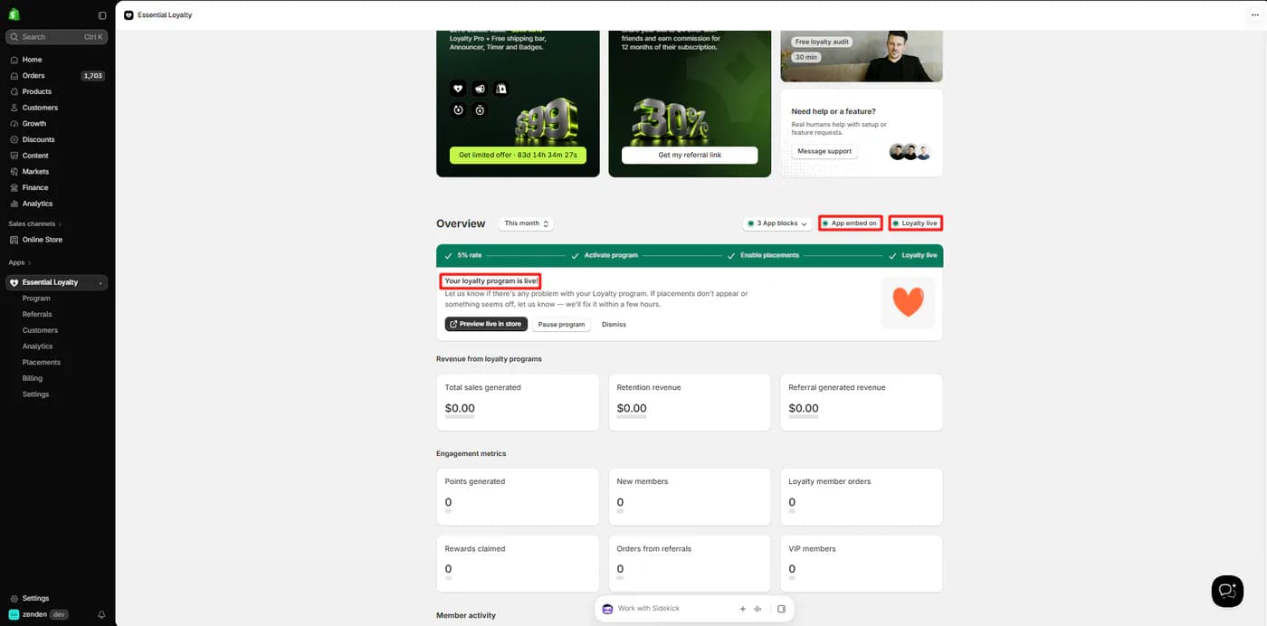 Essent Loyalty dashboard showing a completed setup checklist, app embed on and loyalty live status badges, the message your loyalty program is live, and engagement metrics at zero
