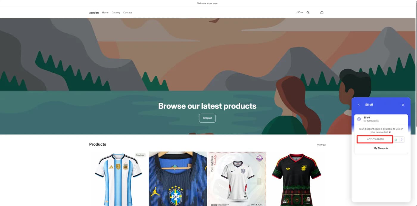 Essent Loyalty storefront panel after redemption showing the message that the discount code is available for the next order, with the code and a My Discounts link