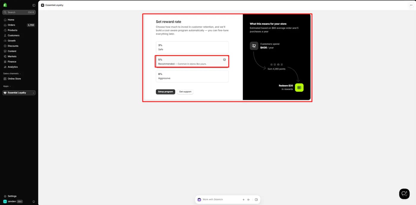 Essent Loyalty onboarding screen asking the merchant to set a reward rate, with three percent safe, five percent recommended and selected, and eight percent aggressive, beside an estimate of points and rewards for a typical customer