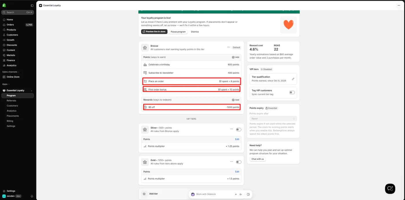 Essent Loyalty program page showing the Bronze tier earning rules for birthday, newsletter, place an order at eight points per dollar and a first order bonus at ten points per dollar, a single five dollar reward for one thousand points, and Silver and Gold VIP tiers switched off