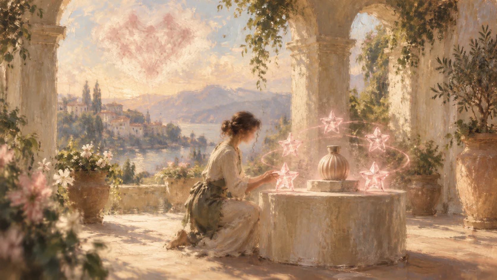 A woman kneeling at a stone pedestal on a sunlit arched terrace above a lakeside village, arranging glowing pink stars that circle a small vase, beneath a soft pink heart-shaped cloud