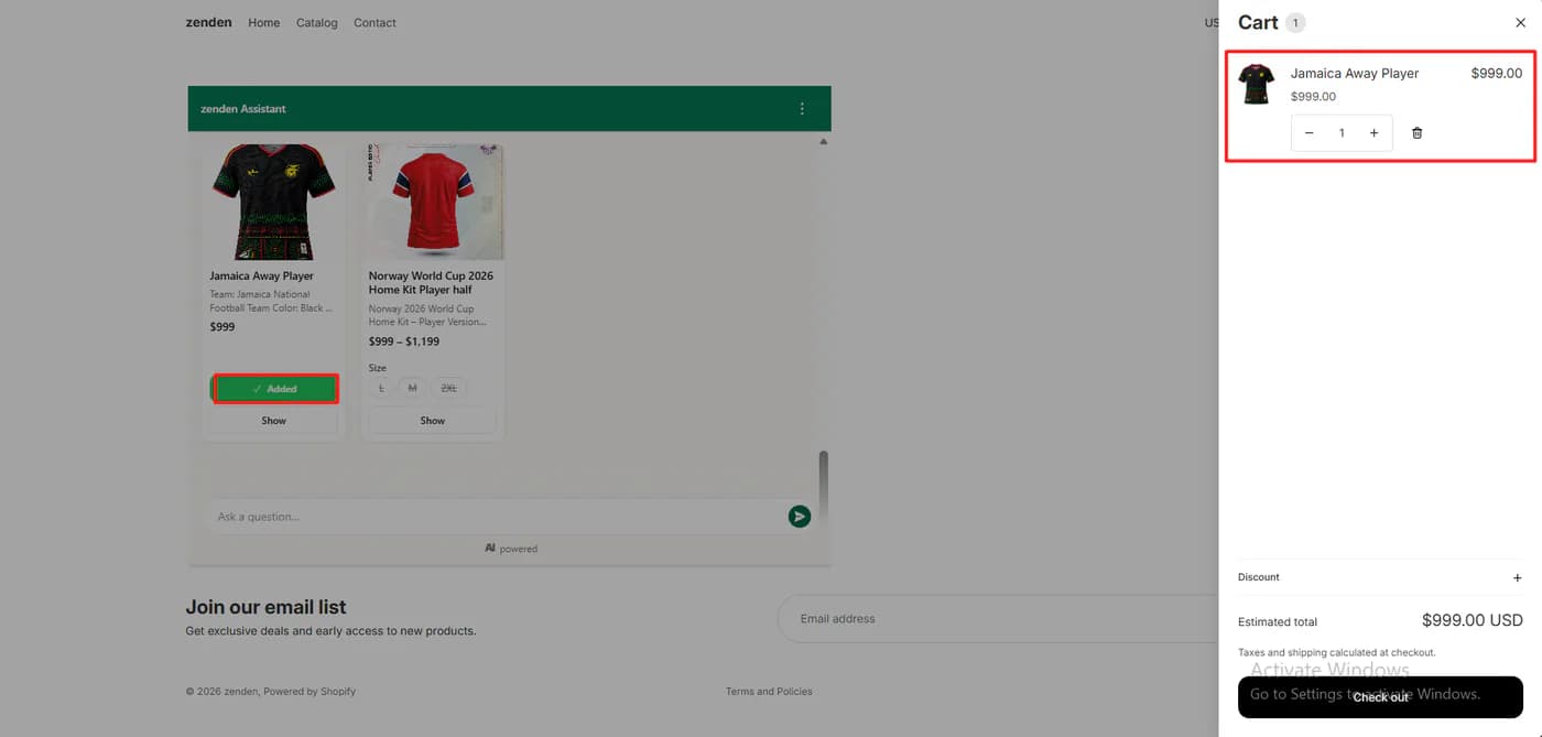 zenden cart drawer showing the Jamaica Away Player at 999 dollars, quantity one, with an estimated total of 999 dollars, after clicking Add to cart in the Flyweight chat, where the button now reads Added
