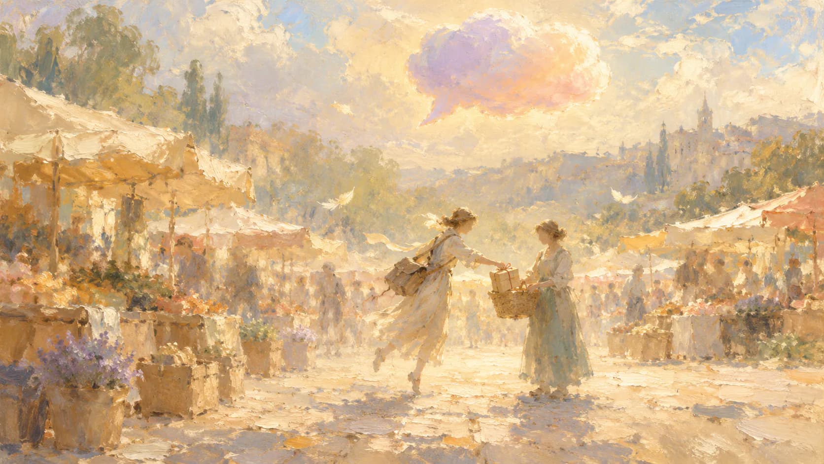A soft impressionist oil painting of a light-footed courier placing a wrapped parcel into a shopper's basket at a sunlit market, beneath a violet and coral speech-bubble cloud