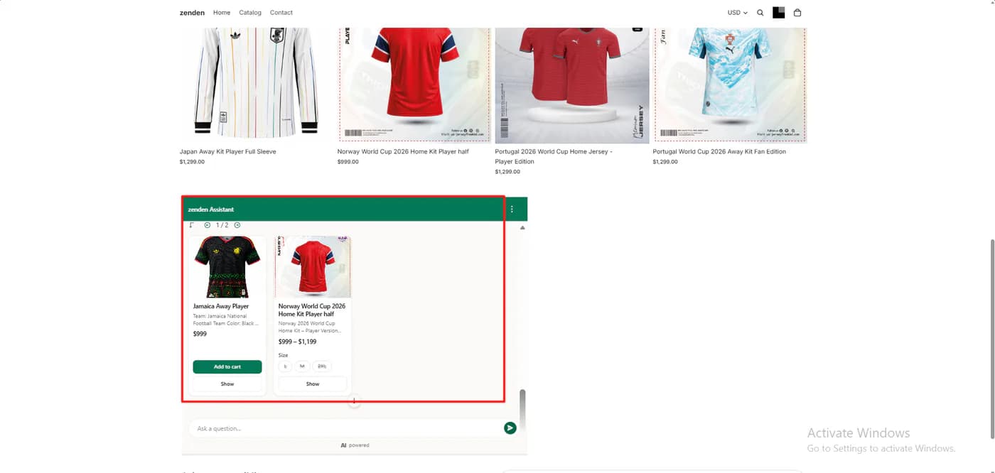 Flyweight chat product cards for the Jamaica Away Player at 999 dollars with an Add to cart button, and the Norway World Cup 2026 Home Kit Player half at 999 to 1,199 dollars with sizes L, M and 2XL