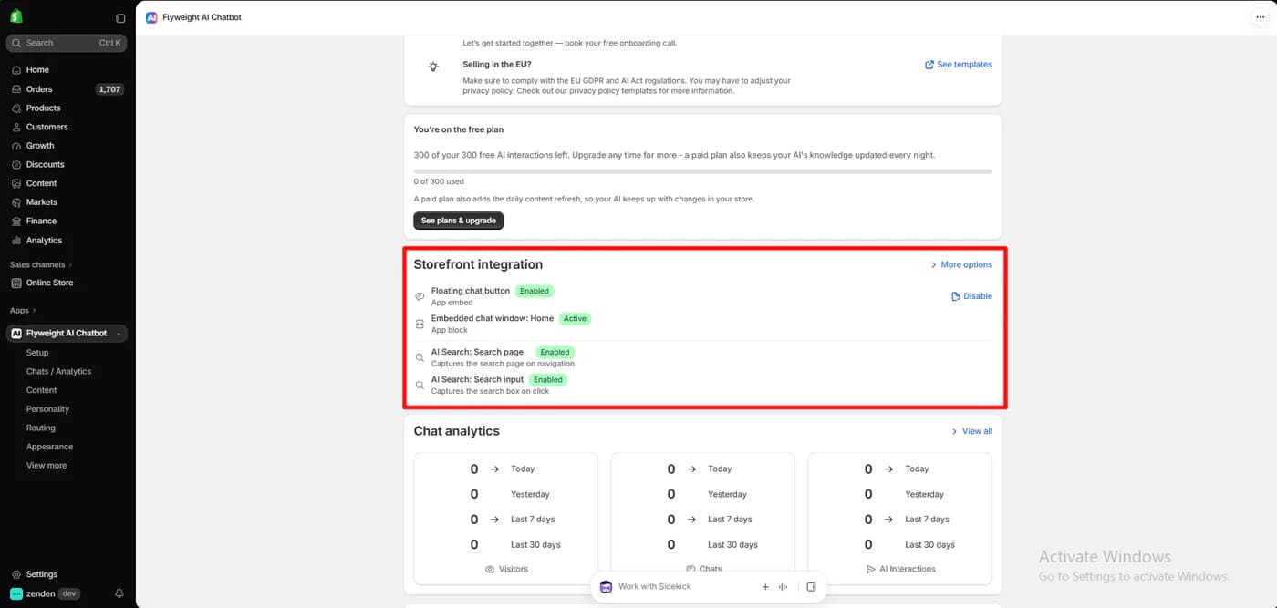 Flyweight dashboard showing the free plan with 0 of 300 AI interactions used, and a storefront integration summary with the floating chat button, embedded chat window on the home page, and both AI Search captures enabled