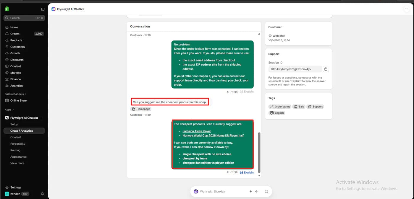 Flyweight Chats and Analytics conversation view showing the shopper's cheapest product question tagged Homepage, the AI's answer with an Explain link, a session ID, and automatic tags for order status, sale, support and English