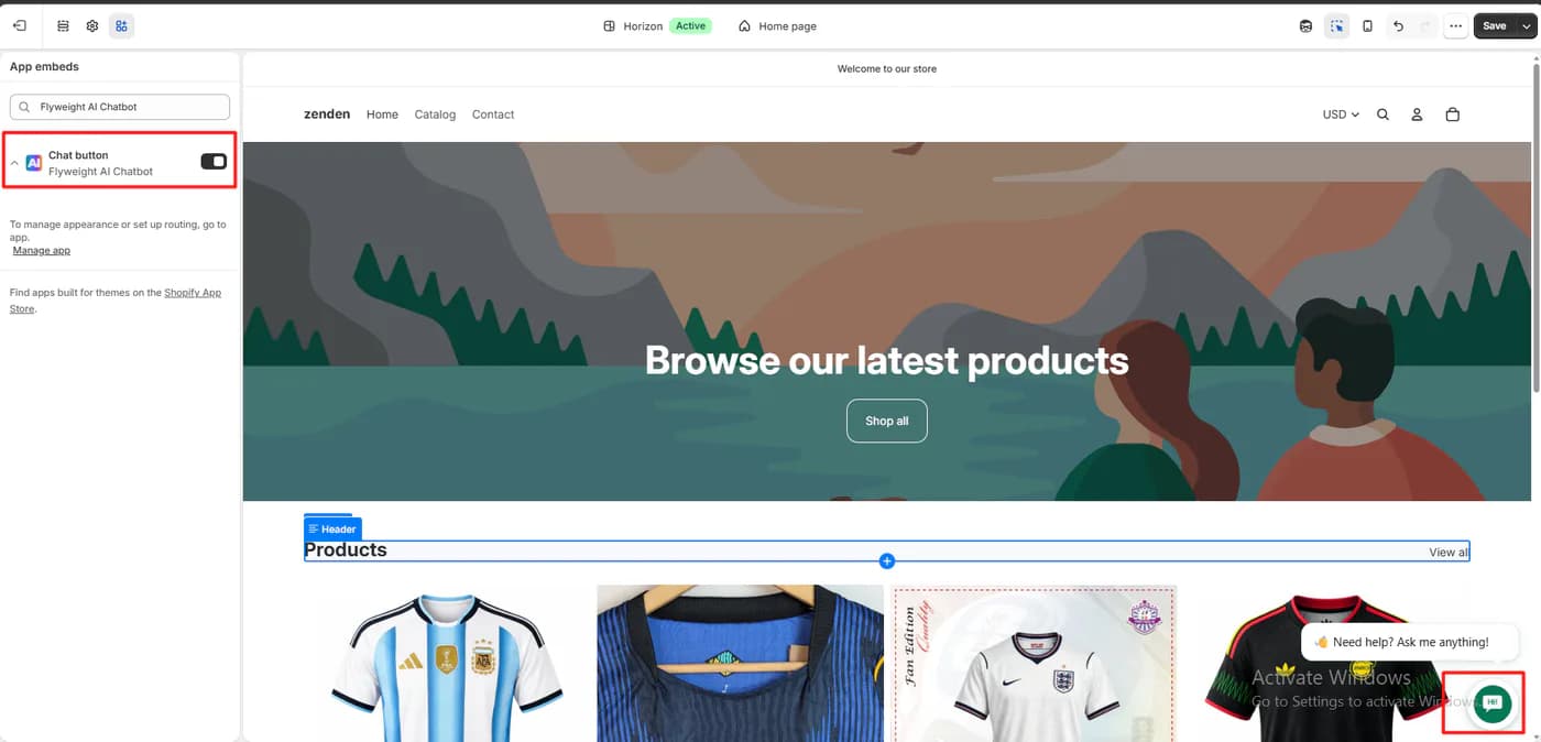 Shopify theme editor with the Flyweight AI Chatbot Chat button app embed switched on, and a floating chat button with a Need help? Ask me anything! greeting on the zenden storefront