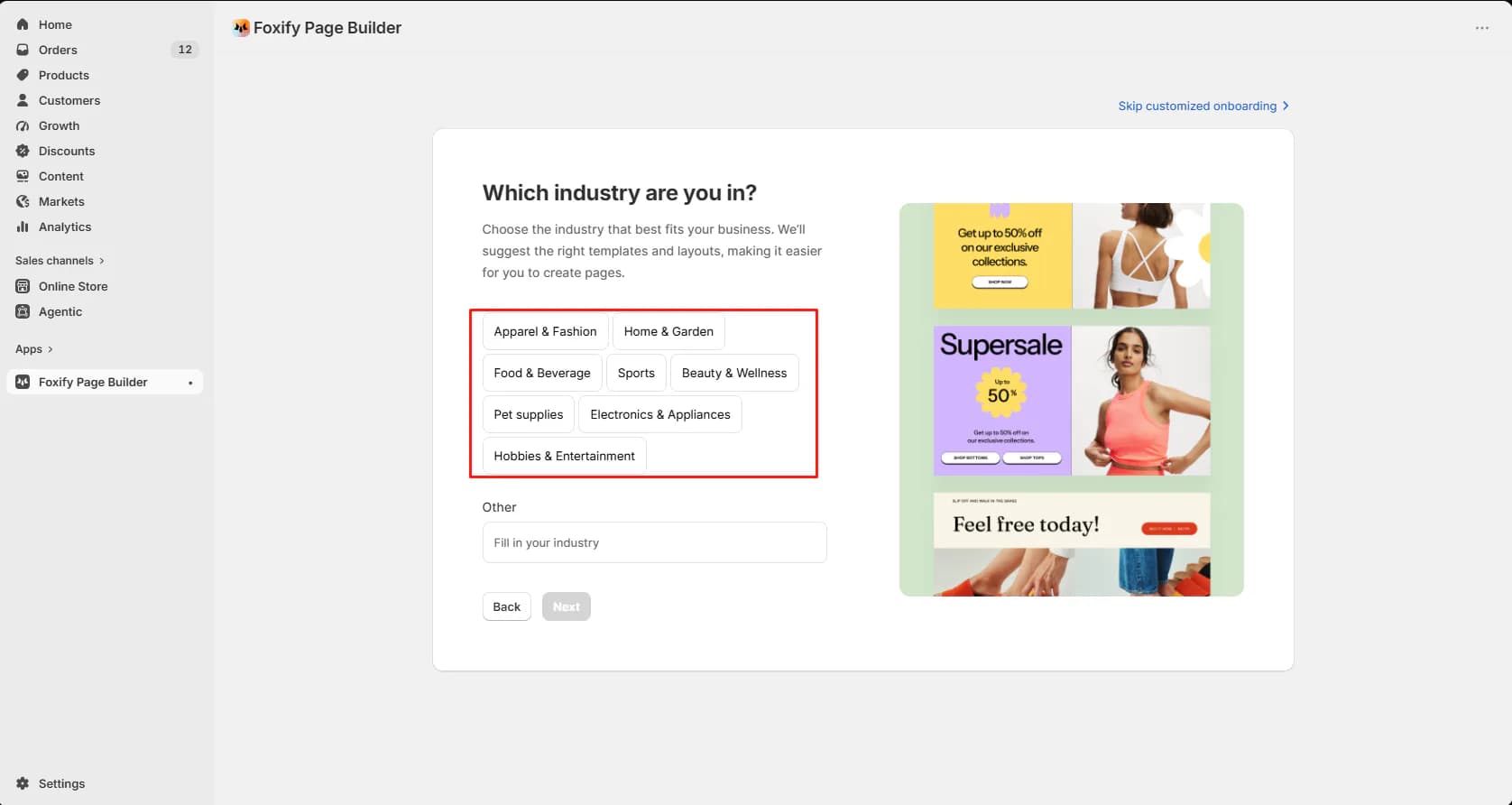 Foxify onboarding asking which industry the store is in, with options such as Apparel and Fashion, Home and Garden, Food and Beverage, Sports, Beauty and Wellness, Pet supplies, Electronics and Appliances, and Hobbies and Entertainment