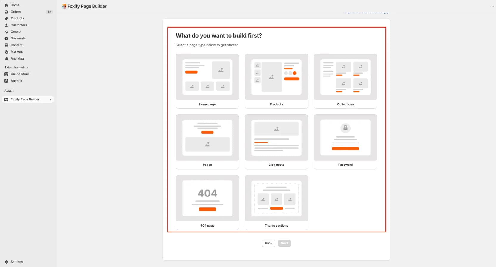 Foxify onboarding step asking what to build first, showing Home page, Products, Collections, Pages, Blog posts, Password, 404 page, and Theme sections