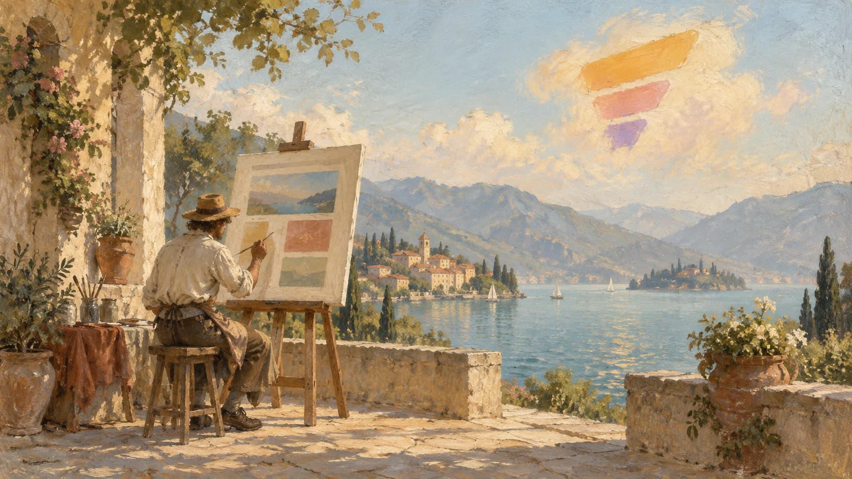 A painterly ecommerce page-building workspace beneath a soft GemPages-inspired emblem in the sky