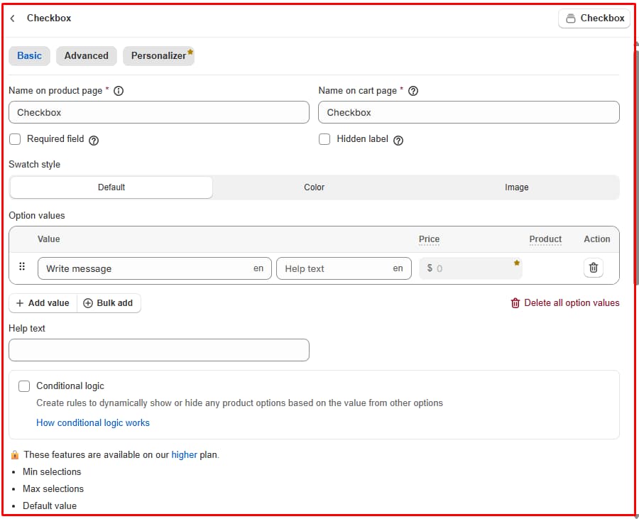 Globo Product Options checkbox editor with Basic, Advanced, and Personalizer tabs, conditional logic, and a note that min selections, max selections, and default value need a higher plan