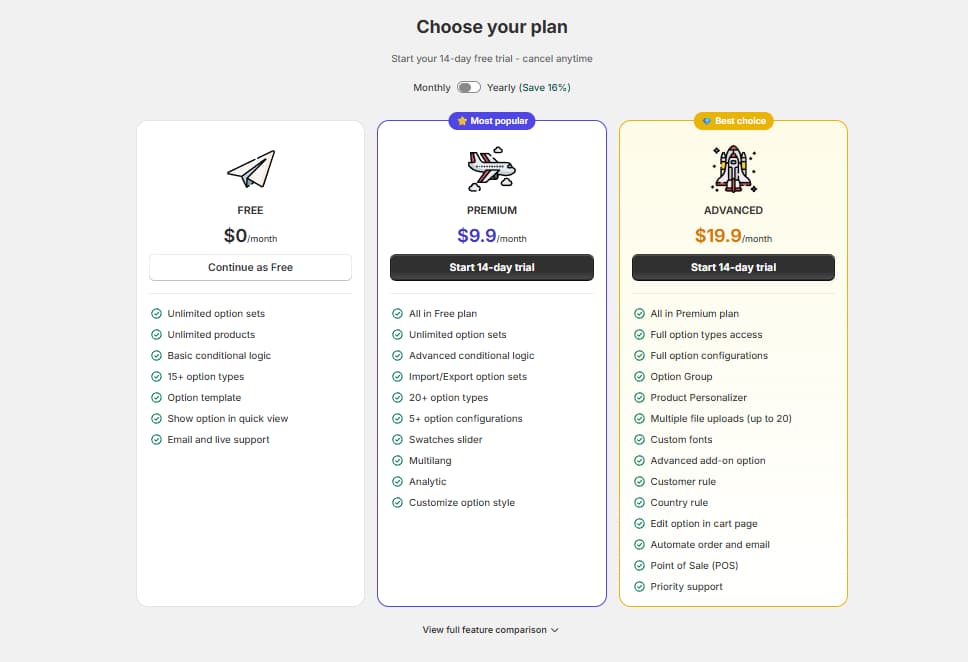 Globo Product Options pricing plans: Free $0, Premium $9.90 per month, and Advanced $19.90 per month, with a 14-day free trial