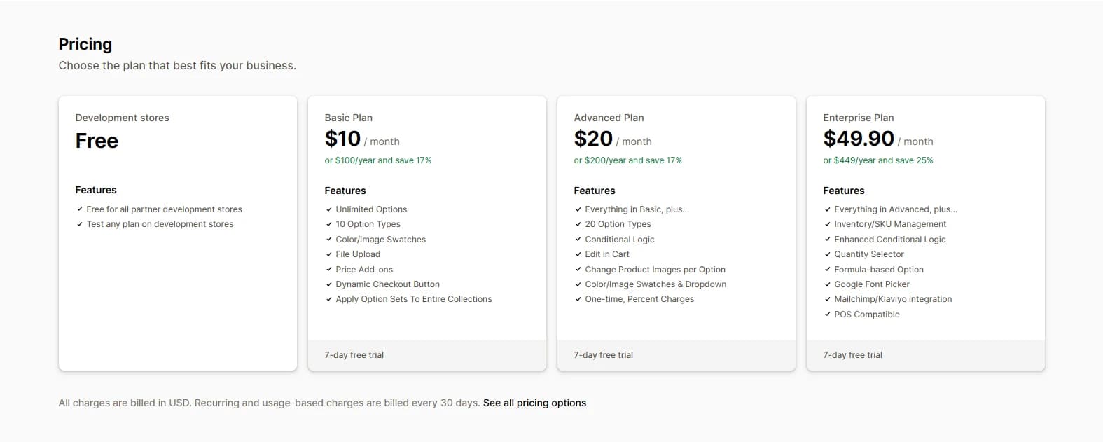 Hulk Product Options pricing plans: Development stores free, Basic $10 per month, Advanced $20 per month, and Enterprise $49.90 per month, each with a 7-day free trial